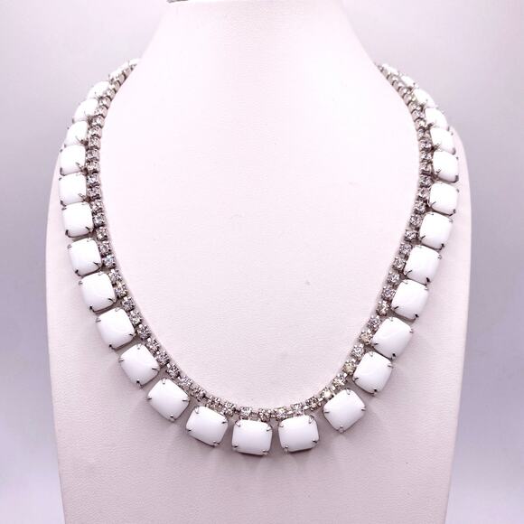Delicate Vintage Milk Glass and Rhinestones Necklace 16” - Picture 3 of 5